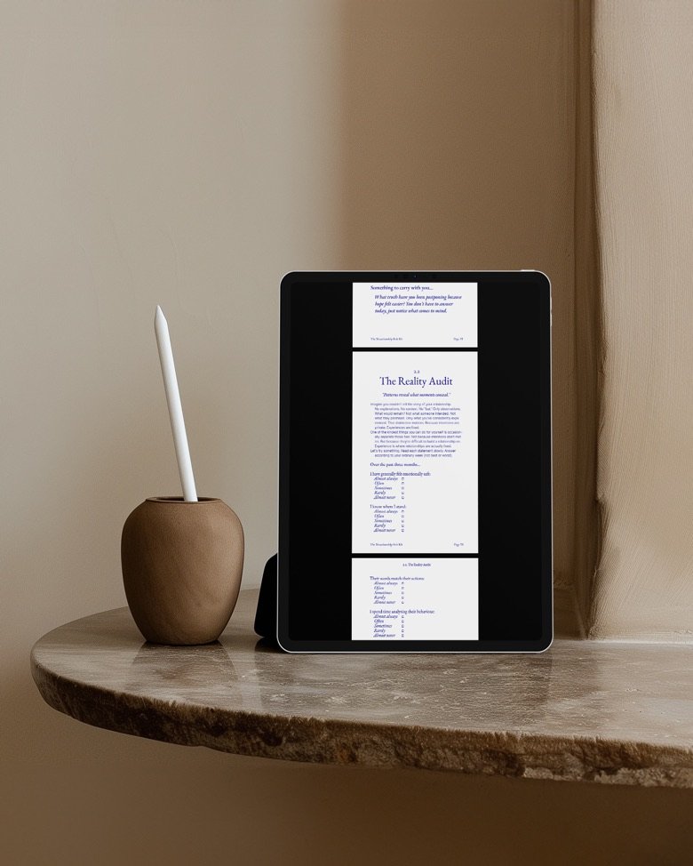 A tablet standing on a stone shelf, showing the opening statements of The Reality Audit with their five-point scales.