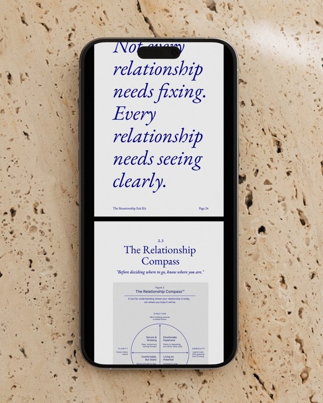 The Situationship Exit Kit on a phone: a page reading &lsquo;Not every relationship needs fixing. Every relationship needs seeing clearly.&rsquo; above the opening of The Relationship Compass.
