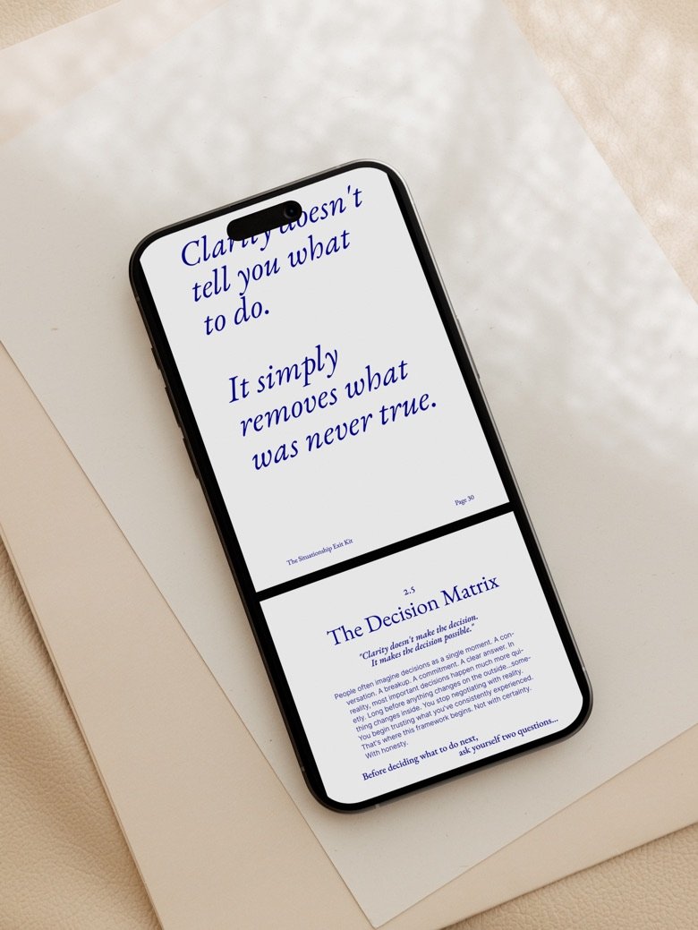 A phone resting on paper, showing the page &lsquo;Clarity doesn&rsquo;t tell you what to do. It simply removes what was never true.&rsquo; above the opening of The Decision Matrix.