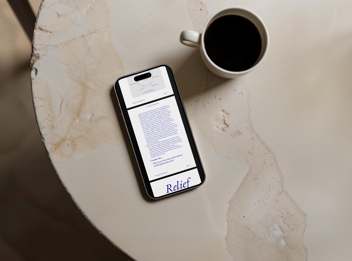 The Kit open on a phone beside a cup of coffee, showing the Situationship Loop diagram and the page that reads &lsquo;Relief&rsquo;.