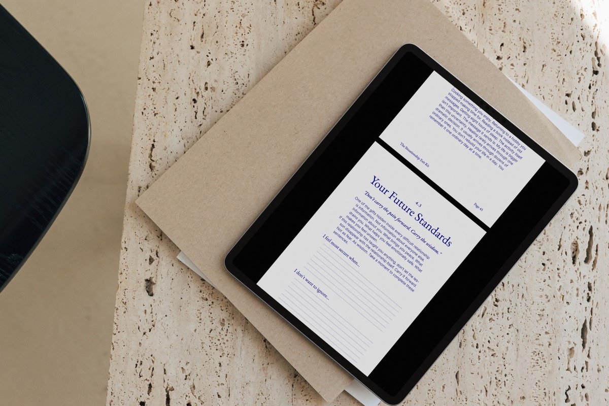 A tablet lying on a card folder, showing Your Future Standards with ruled lines left blank for writing.